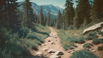 Selbstklebende Fototapeten Rocky dirt trail through lush greenery in forested area with distant mountains under clear blue sky. © The 2R Artificiality
