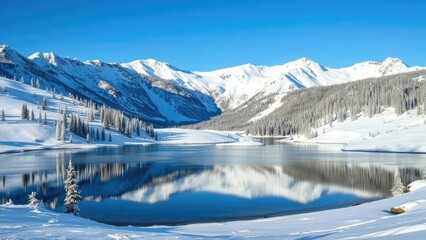 Snowy mountain lake at Eldora Mountain Ski Area, Rockies, lake