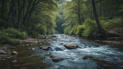 Fototapeta premium Forest river with flowing water and rocks, surrounded by lush green trees and foliage in a tranquil natural setting.