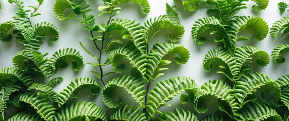 Poster lush green ferns arranged in a natural pattern on a light background showcasing intricate leaf desig