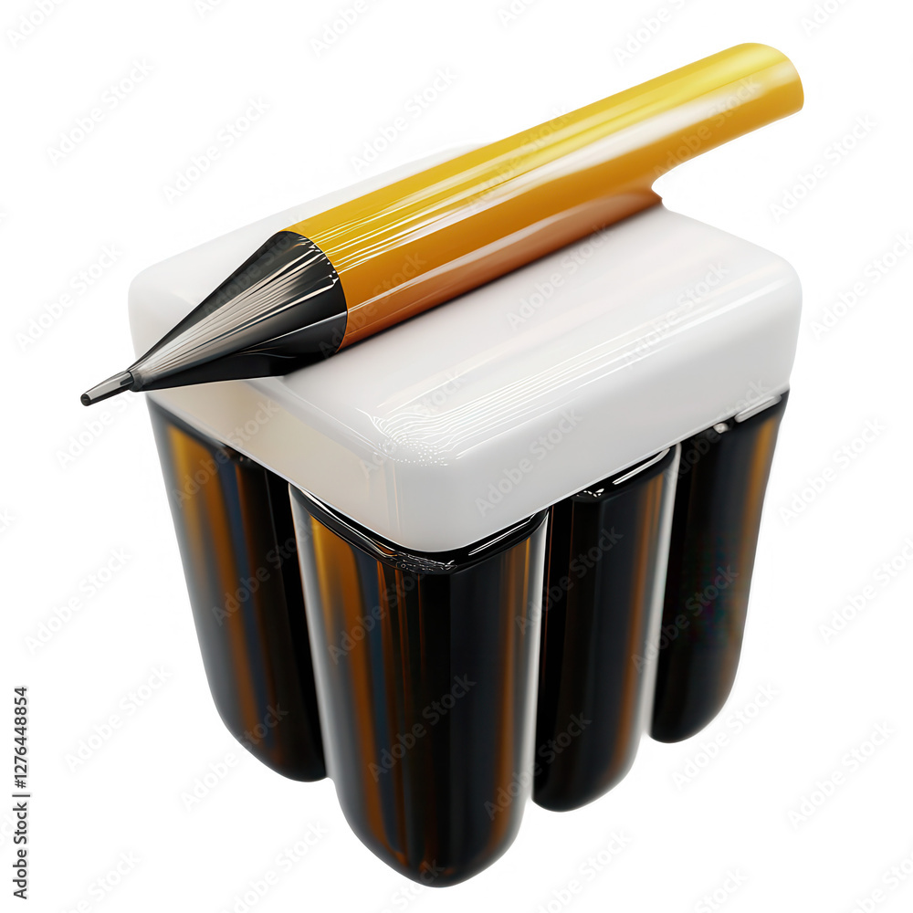Poster a 3d render of a stylish pencil resting on a sleek eraser. the design features black and white color