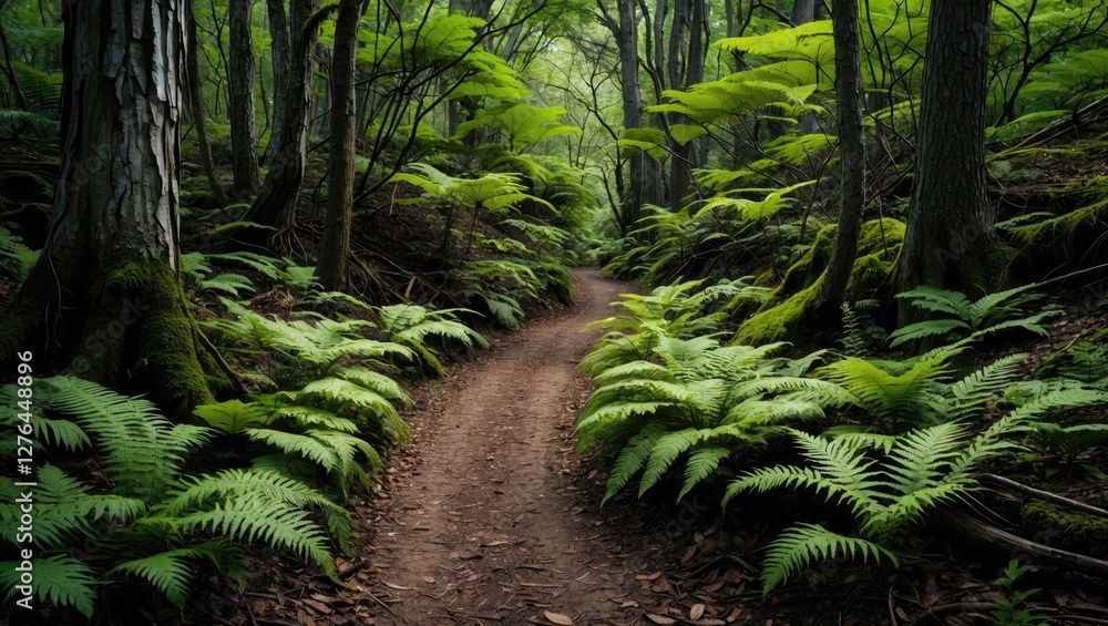Poster lush green forest path surrounded by ferns and tall trees creating a tranquil natural environment in