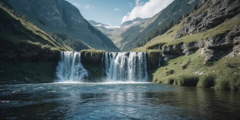 Fototapeta premium Mountain waterfall cascading into a tranquil lake surrounded by lush green hills under a clear blue sky