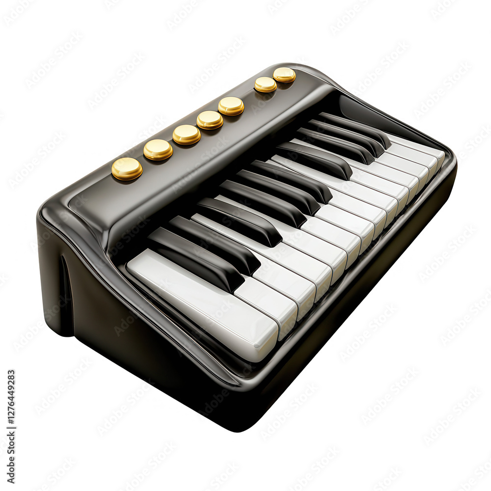Poster a 3d render of a black keyboard with white keys and golden buttons, isolated on a dark background.