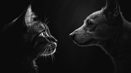 Dramatic staring contest between a cat and a dog, both frozen in intense yet comical concentration.