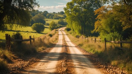 Fototapeta premium Dirt road winding through rural landscape with trees and grassy fields under blue sky in autumn light