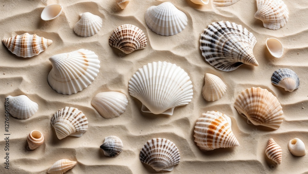 Poster various seashells arranged on sand with detailed textures and patterns showcasing different shapes a