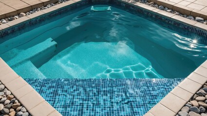 Obraz premium Swimming pool with clear turquoise water and stone border surrounded by tiles and pebbles in bright sunlight.