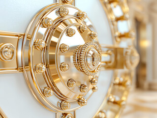Intricately designed gold vault door with reflective surface and decorative elements in a luxurious setting