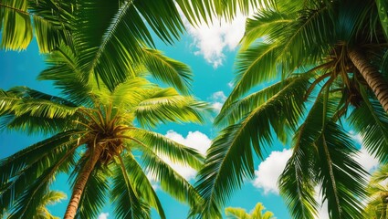 Fototapeta premium Tropical palm trees against a bright blue sky with fluffy white clouds in a sunny outdoor setting