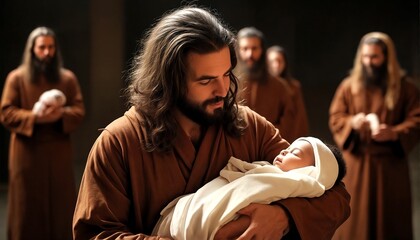 Jesus cradles an infant child while bearded men in brown robes look on.