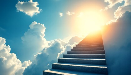 The sun shines brightly at the top of an endless stairway leading to heaven.