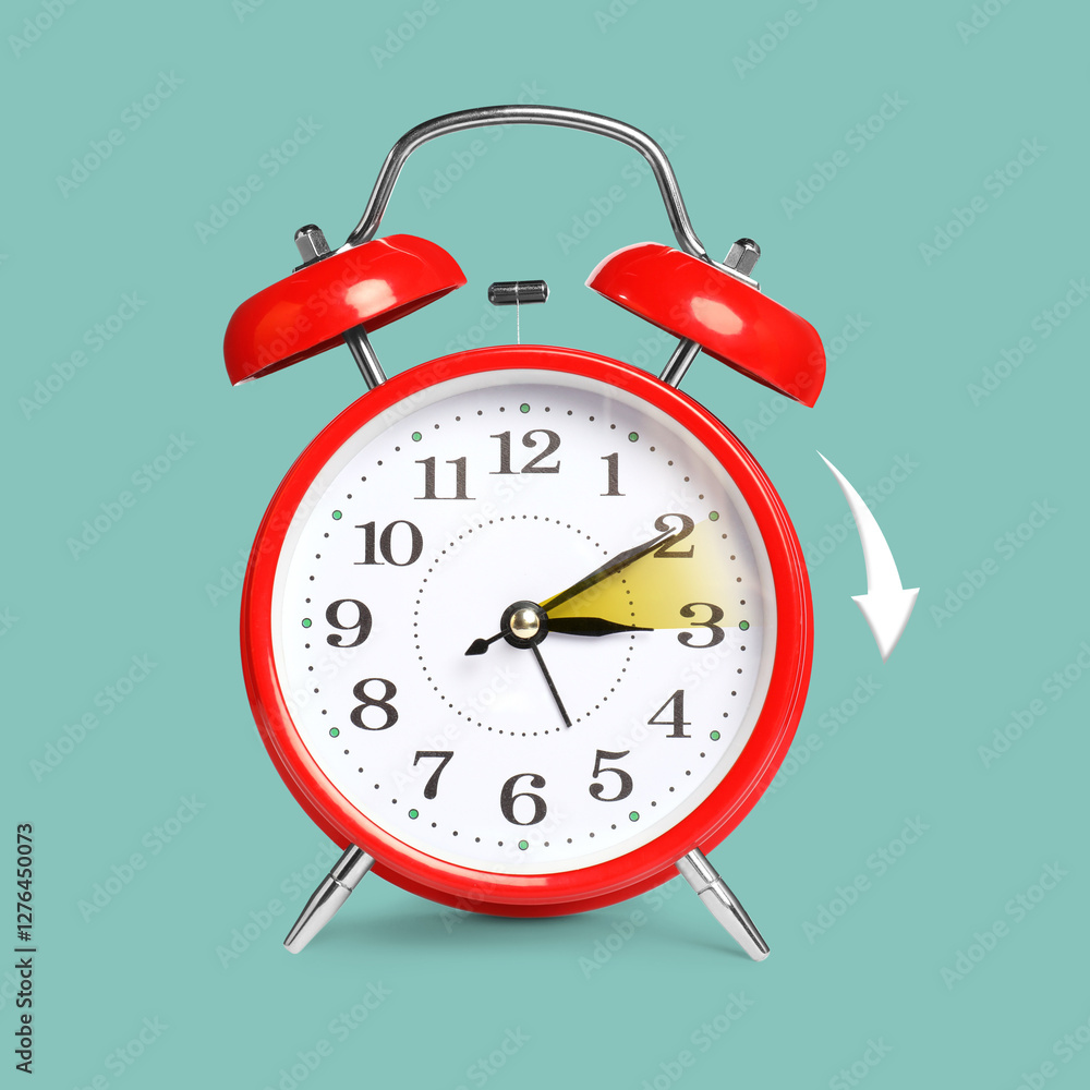 Poster Daylight saving time. Red alarm clock on pale turquoise background. Highlighted area and arrow showing time change by one hour forward