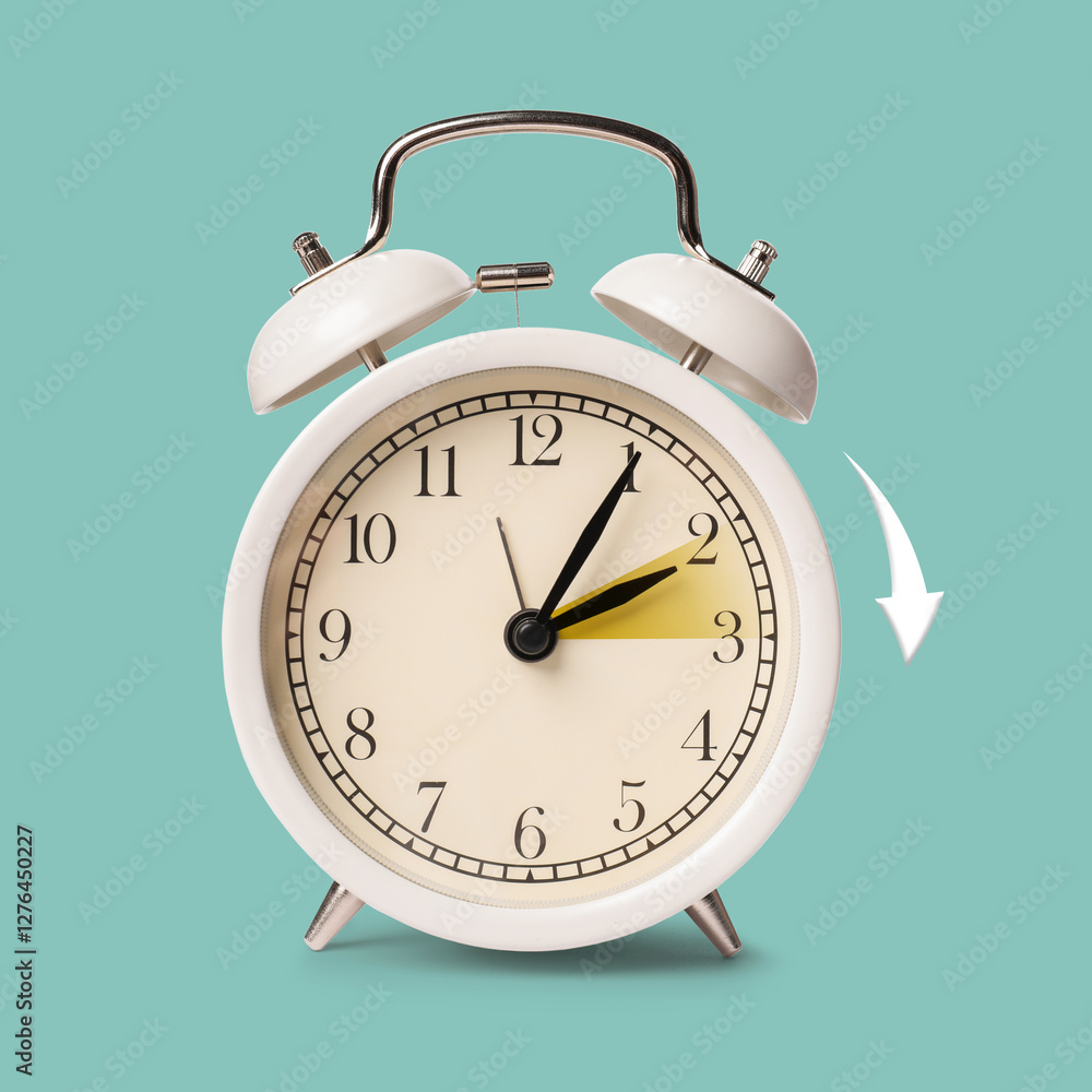 Poster Daylight saving time. White alarm clock on pale turquoise background. Highlighted area and arrow showing time change by one hour forward