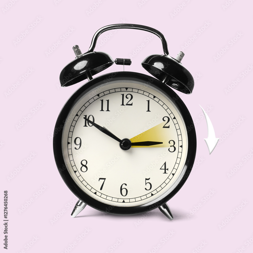 Poster Daylight saving time. Black alarm clock on light pink background. Highlighted area and arrow showing time change by one hour forward