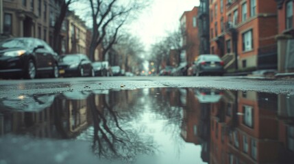 Fototapeta premium City Street Reflection In Puddle After Rain