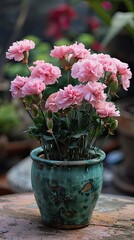 Pink carnations in a rustic ceramic pot