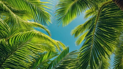 Obraz premium Lush green palm leaves against a clear blue sky creating a natural overhead canopy view