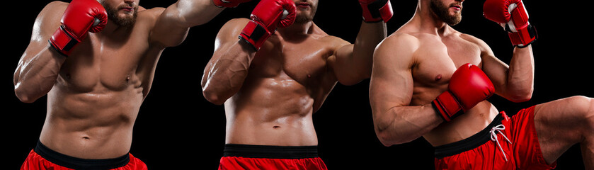 Naklejka premium Fighter practicing in boxing gloves on black background, closeup. Collage of photos, banner design