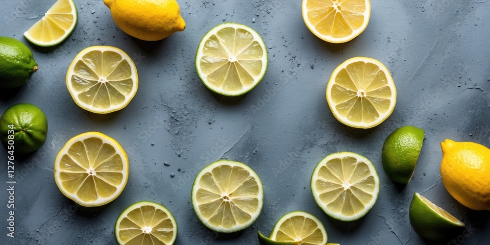 Poster sliced lemons and limes arranged on a gray textured surface creating a vibrant citrus composition