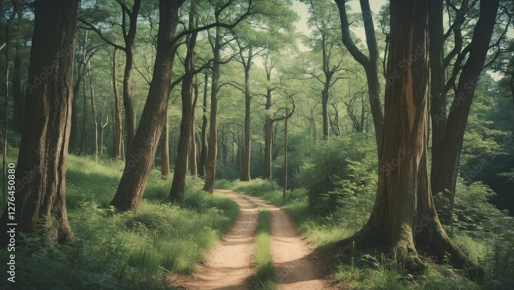 Poster forest path through tall trees with lush green foliage and soft sunlight illuminating the scene in a