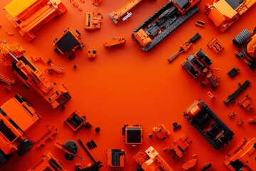 Orange construction machines parts on orange background, top view, copy space