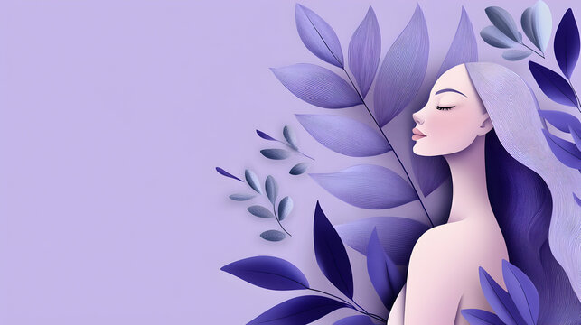 serene woman with flowing hair surrounded by hand drawn purple leaves on pastel purple gradient background