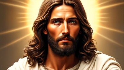 Jesus Christ depicted with long wavy hair and beard.