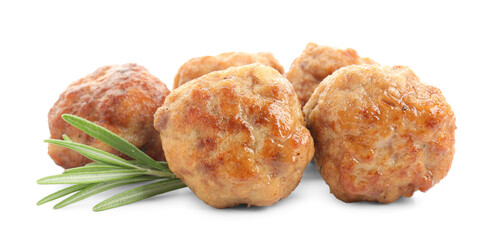 Delicious meatballs and rosemary isolated on white