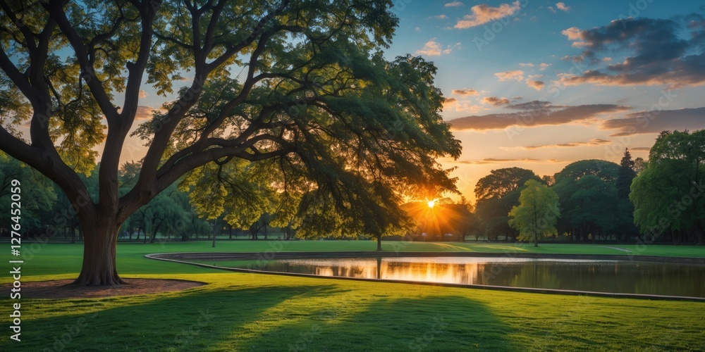 Poster sunset over a tranquil park with a large tree reflecting in a calm pond surrounded by lush greenery 