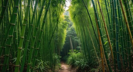 Fototapeta premium Lush green bamboo grove with tall stalks and a dirt path leading through the dense foliage in a tranquil outdoor setting