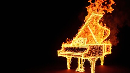 Grand piano engulfed in vibrant flames. The fiery design creates a dramatic and artistic visual