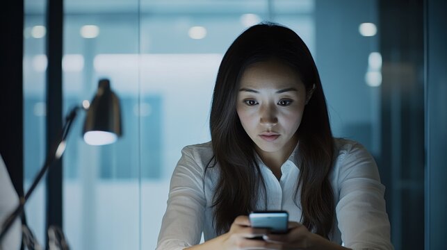 Social media rumors affecting a woman at a corporate meeting. Featuring distraction and worry