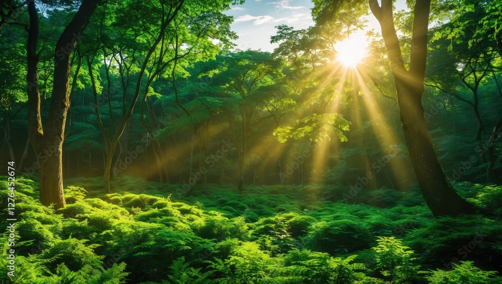 Poster sunlight filtering through lush green trees in a dense forest with ferns on the ground illuminated b