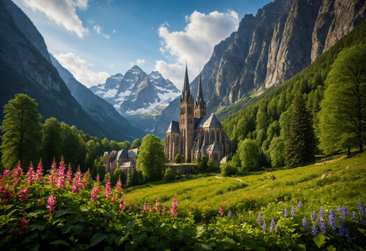swiss alpine landscape with curch