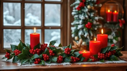 Red candles and holly leaves on a wooden table in a wintry scene, frosty weather, snowy window, red candles