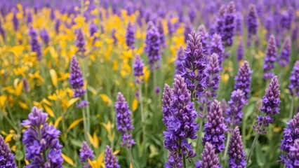 Obraz premium Purple flowers in a field with golden leaves and lavender, field, foliage