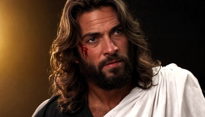 Obraz premium The image is of a man with long brown hair and a beard, wearing a white shirt, with blood on his face.