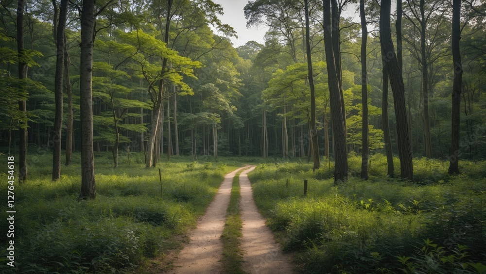 Poster winding dirt path through a lush green forest with tall trees and soft sunlight filtering through th