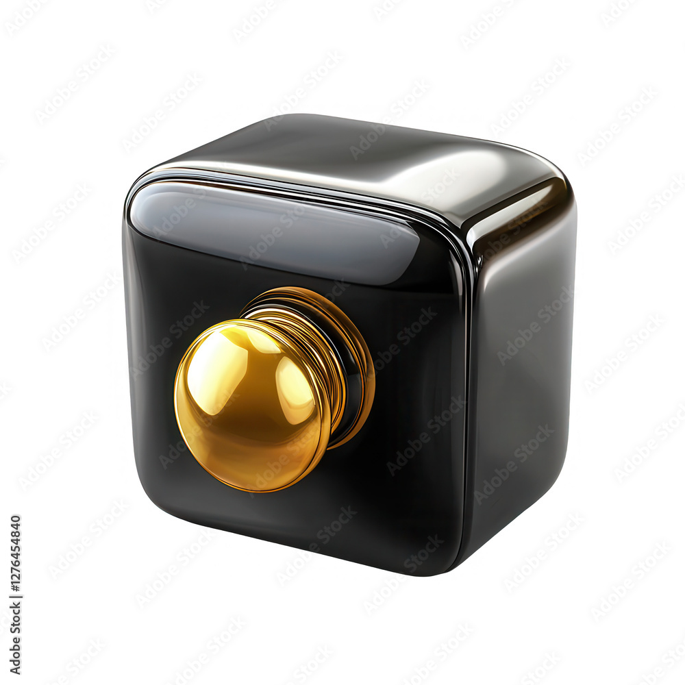 Poster the image depicts a glossy black cube with a shiny gold button on the front, showcasing modern desig