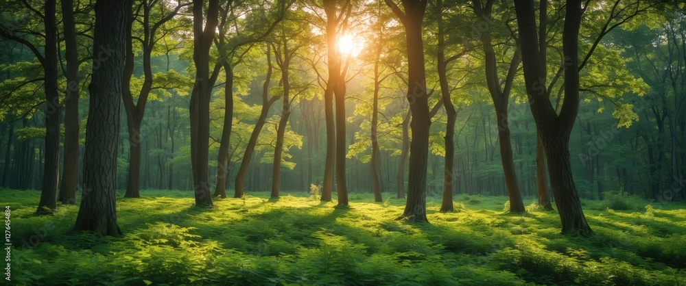 Poster sunlight filtering through tall trees in a lush green forest with ferns in the foreground during ear
