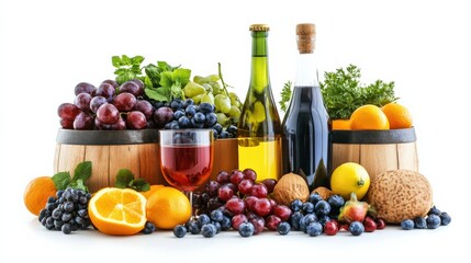 A vibrant arrangement of fruits, bottles, and nuts on a white background, ideal for culinary use