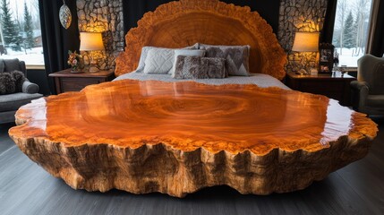 Massive wood bed, luxurious bedroom, winter view