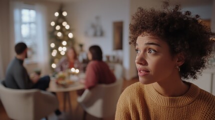 Social media rumors affecting a woman at a family gathering. Featuring concern and distraction