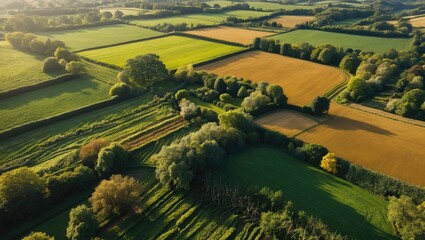 Naklejka premium Aerial view of lush green and golden agricultural fields with trees and hedgerows under a clear sky during daytime.