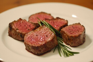 Sliced steak with rosemary on a white plate