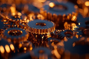 Golden gears turning, intricate mechanism, industrial background, for technology or engineering concepts