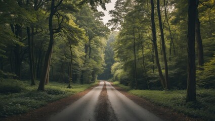 Fototapeta premium asphalt road through dense green forest with tall trees and soft sunlight filtering through branches