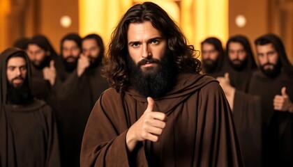 A group of men dressed in robes with long hair and beards give two thumbs up
