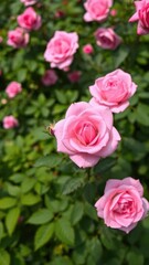 Pink rose blossoms in a lush green leafy background, pink roses, garden blooms